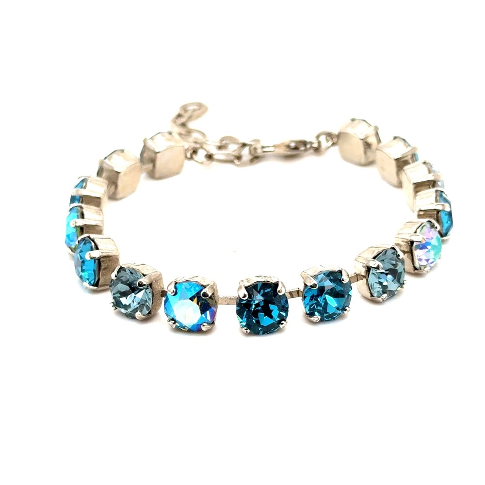 Blue Crystal Tennis Bracelet Silver Tone Adjustable 7-9 Inch Aurora Borealis